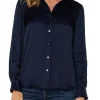 LONG SLEEVE COLLARED BUTTON FRONT WOVEN BLOUSE