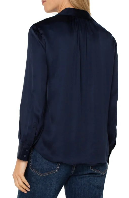 LONG SLEEVE COLLARED BUTTON FRONT WOVEN BLOUSE