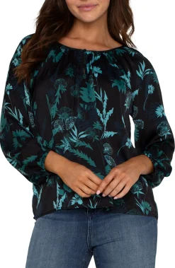 LONG SLEEVE SHIRRED WOVEN BLOUSE