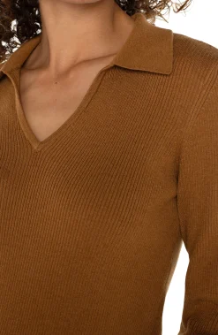 LONG SLEEVE V-NECK COLLARED SWEATER
