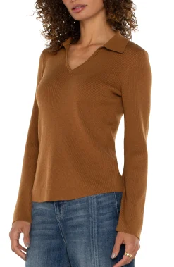 LONG SLEEVE V-NECK COLLARED SWEATER