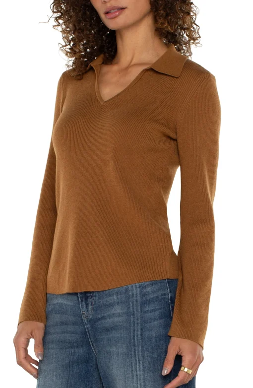 LONG SLEEVE V-NECK COLLARED SWEATER
