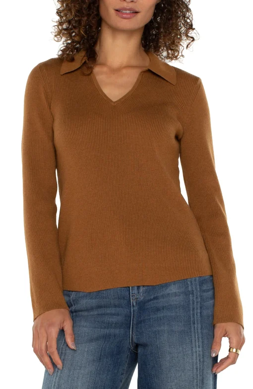 LONG SLEEVE V-NECK COLLARED SWEATER