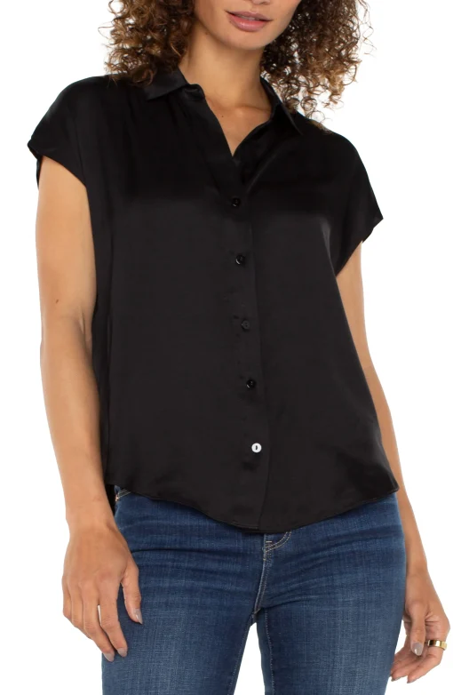 PETITE BUTTON FRONT DOLMAN SLEEVE BLOUSE
