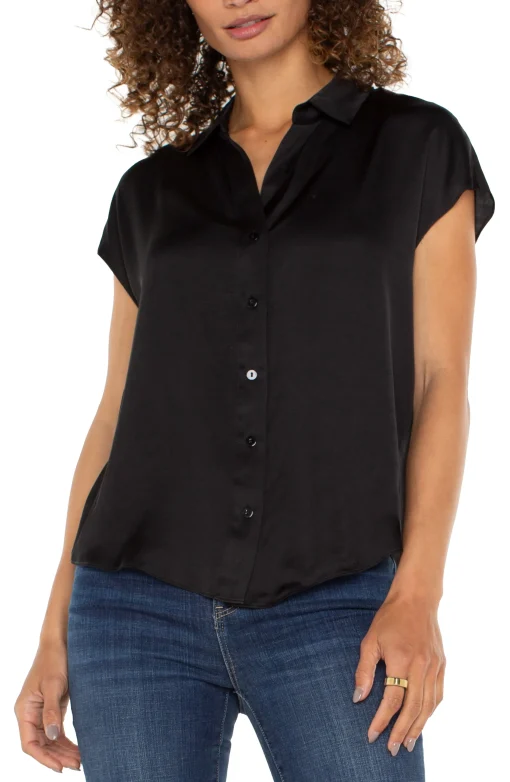 PETITE BUTTON FRONT DOLMAN SLEEVE BLOUSE