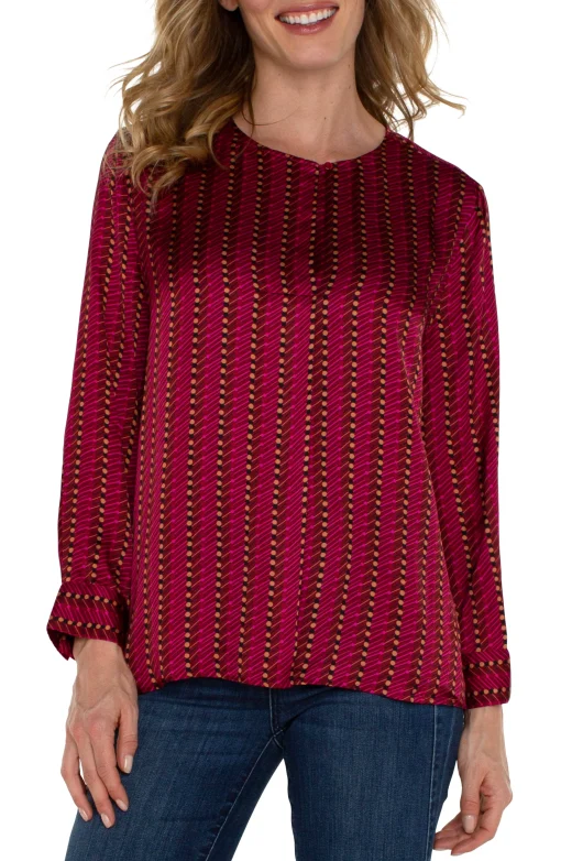 PETITE LONG SLEEVE POPOVER WOVEN BLOUSE