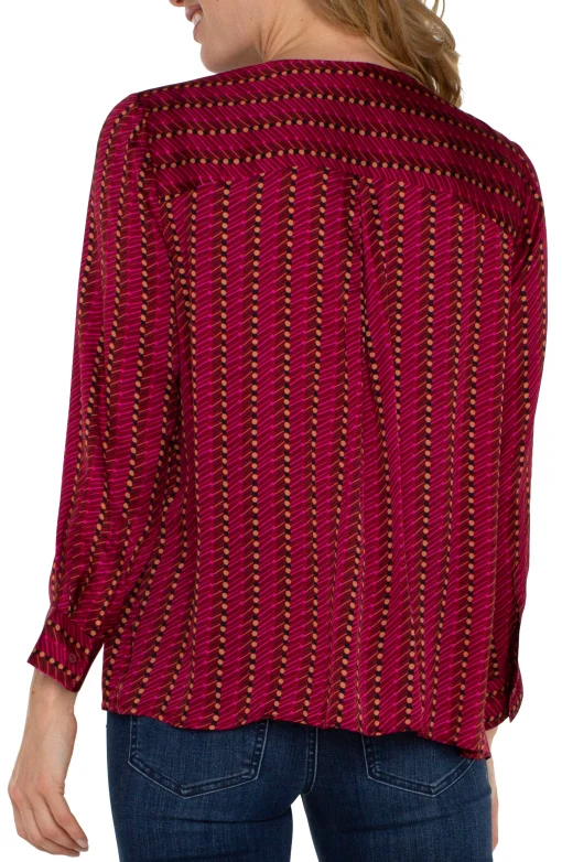 PETITE LONG SLEEVE POPOVER WOVEN BLOUSE