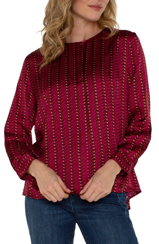 PETITE LONG SLEEVE POPOVER WOVEN BLOUSE