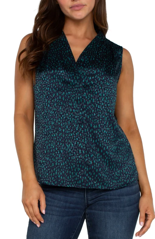 SLEEVELESS PLEATED NECK WOVEN BLOUSE