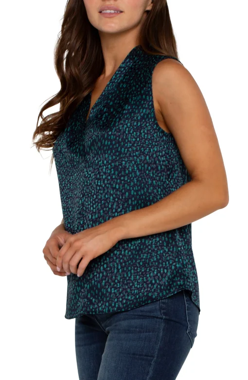 SLEEVELESS PLEATED NECK WOVEN BLOUSE